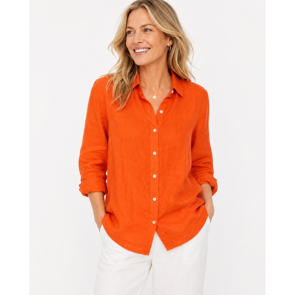 J.Jill Linen Orange Button Up Shirt Petite M Coastal Grandma Quiet Luxury Pearl